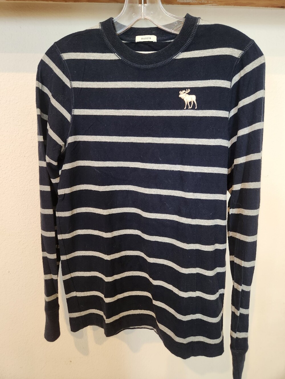 Abercrombie & Fitch Dark Blue Crewneck Tee with White Stripes